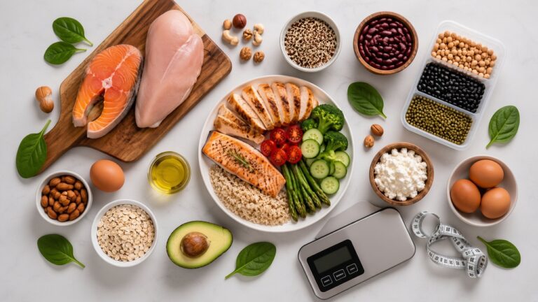 How to count macros for beginners – healthy foods with protein, carbs, and fats including chicken, salmon, eggs, quinoa, oats, avocado, beans and kitchen scale